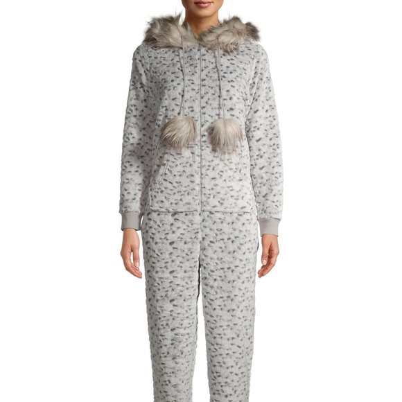 New Plush Leopard Faux Fur Trimmed Union Suit. - Picture 1 of 13